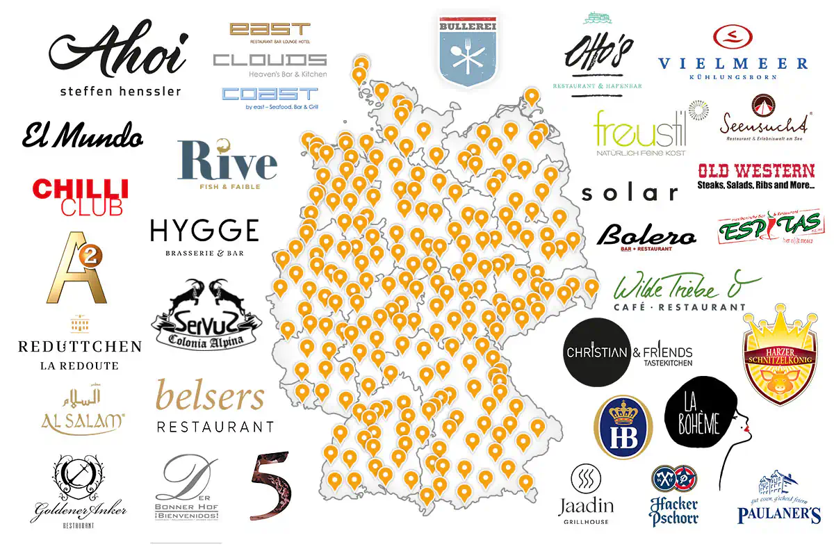 Abbildung der Karte Deutschlands mit exemplarischen Standorten der teilnehmenden Restaurants. Zum Beispiel das Hofbräuhaus, Fährhaus Munkmarsch, Haerlin, AuQuai, Espitas, Aigner, Taku und viele mehr.